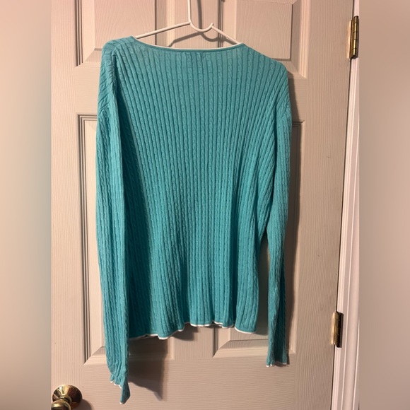 Cape Madras Cape Elizabeth, Maine teal cable knit V-neck pima cotton XL sweater - Picture 2 of 6